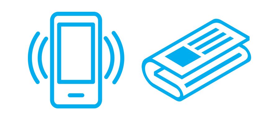 Icono de un teléfono móvil y un periódico en color azul